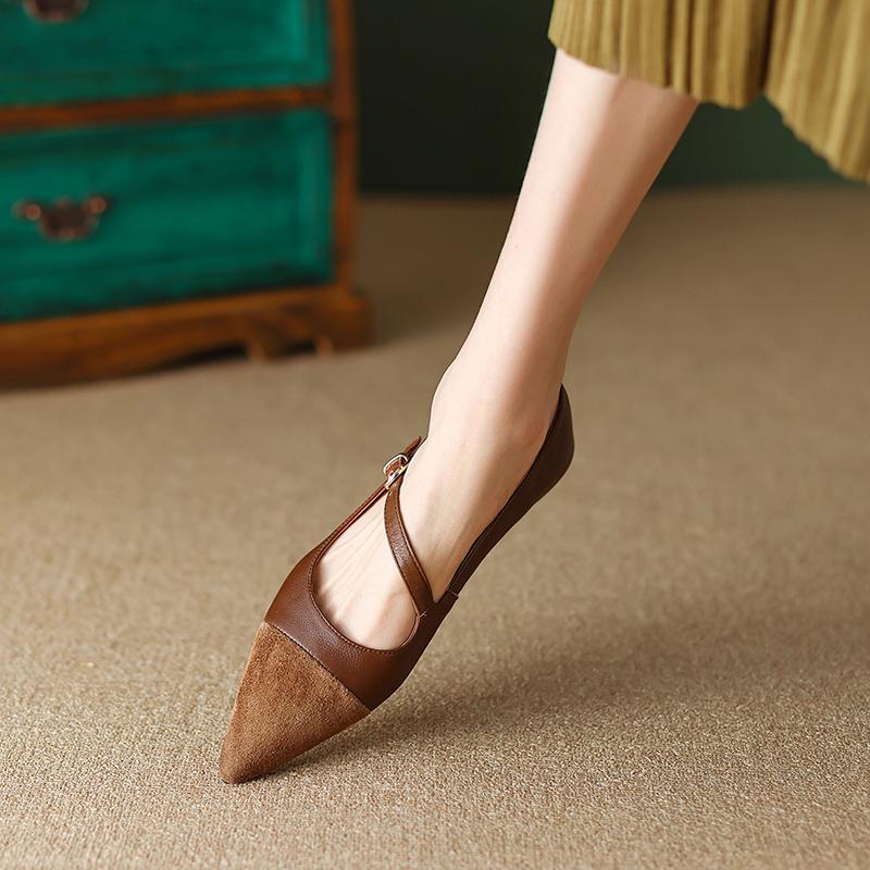 Vår Nye Ekte Skinn Damesko Retro Spiss Tå Pumps Skinn Ballerinas Sko Dame Hæler Dame Flatsko
