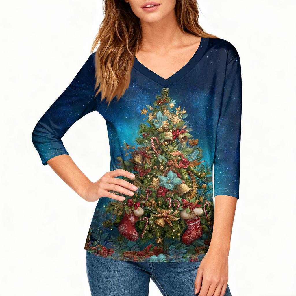3/4 Sleeve Shirts For Women Print Christmas Tees Blouses Casual Plus Size Basic Tops Pullover