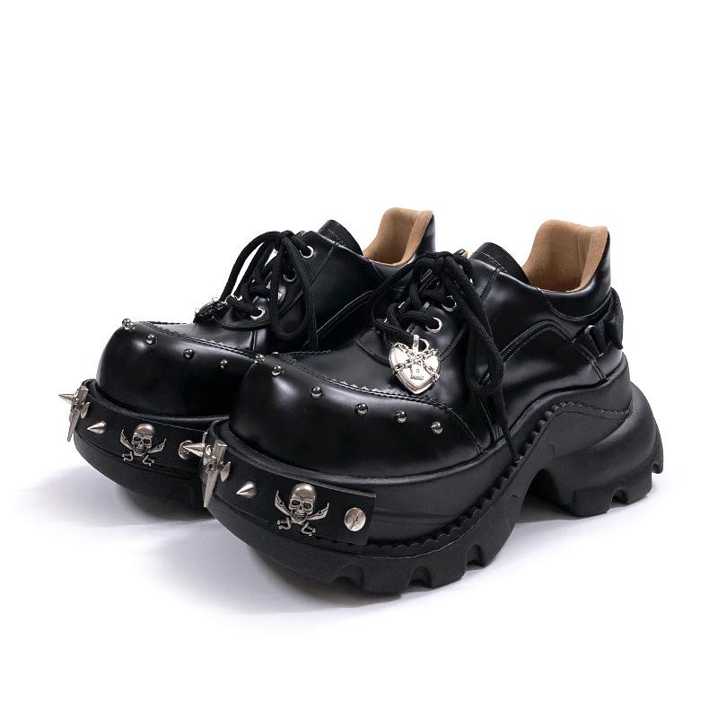 [Metal punk small leather shoes niche design sense thick sole sweet cool Yabi muffin big head shoes 34 чёрный