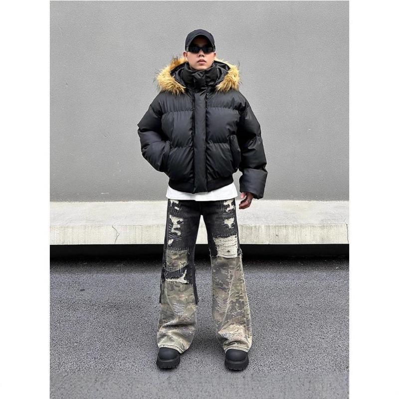 Couple's Winter Leather Down Jacket: Short, Loose, Thickened with Large Fur Collar and Hood.