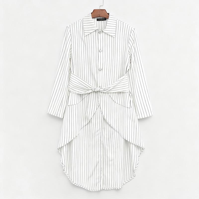 INCERUN Men Lapel Neck Long Sleeve Striped Irregular Splits Casual Long Shirts Tops