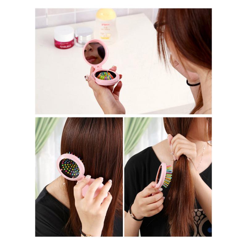 Mini přenosný skládací masážní hřeben Airbag Masážní kulaté duhové zrcátko Antistatický hřeben