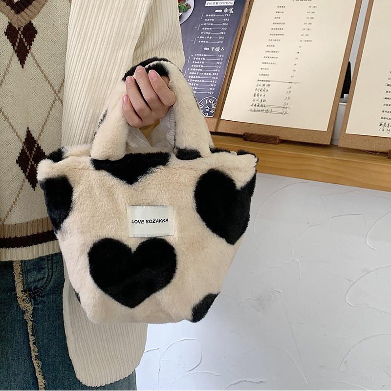 Adorable Plush Tote Bag With Heart Pattern Spacious Cute Student Handbag