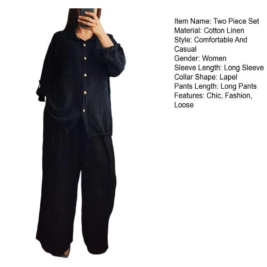 Dámský bavlněno-lněný dvoudílný outfit, ležérní, s dlouhým rukávem, na knoflíky, se stahovací šňůrkou