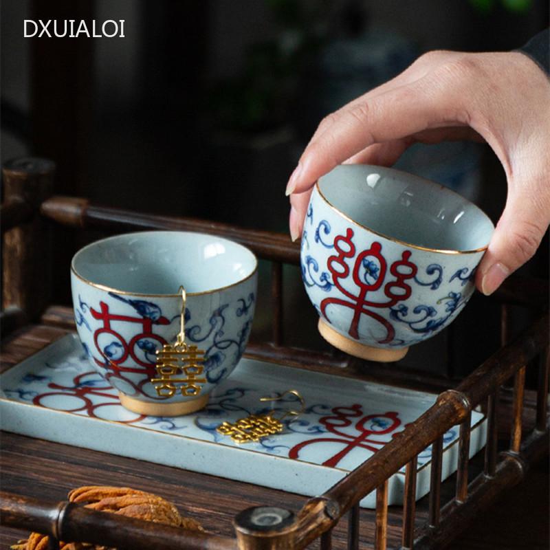 Blue and White Happy Cups Ceramic Cups Wedding Gifts Kungfu Tea Set Handmade Teacup Tea Set Accessories 75ml Teacup and Tea Tray