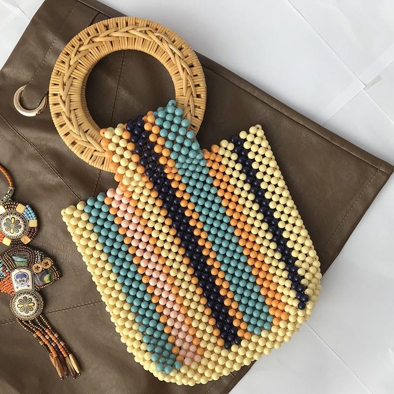 

2026 Vintage Colored Beaded Handbags Handwoven Loop Handle Design Contrasting Color Hollow Out Women s Braided Bag