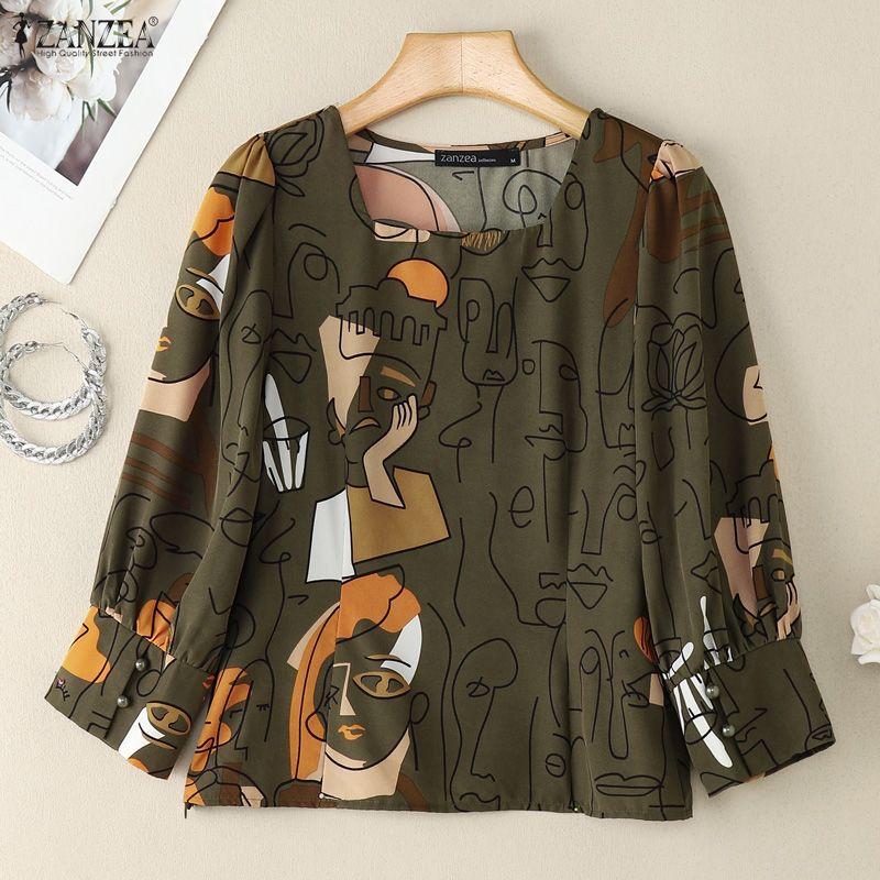 ZANZEA Women Square Collar Casual 3/4 Sleeve Loose Print Blouse