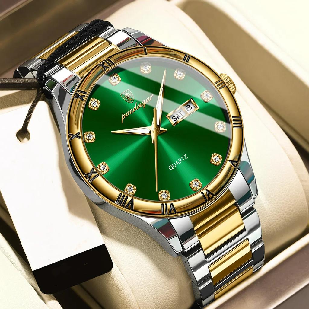 POEDAGAR Luxury Men's Quartz Watch Date Week Waterproof Luminous Man Watch Stainless Steel Casual Fashion Watches For Men