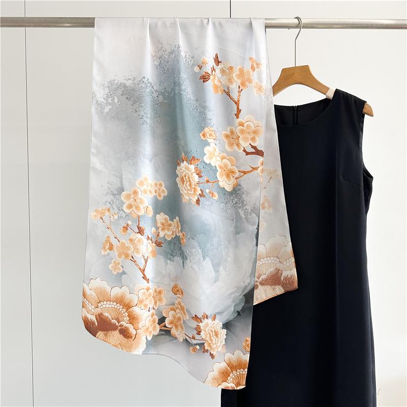 

53x170см 100% Шелковый шарф с цветочным принтом Длинная шаль Легкий весенне-летний платок Элегантный модный аксессуар для женщин 53x170cm