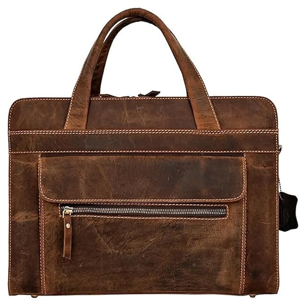 Genuine Leather Laptop Briefcase Bag for Men, Durable Vintage Office Travel Carry Business Messenger Shoulder Bag, Multi Pocket Zipper Work Handbag