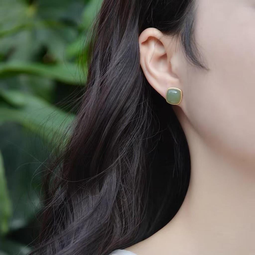 Gold-Plated Imitation Hetian Jasper Square Stud Earrings - Simple, Fashionable Women's Light Luxury Jewelry