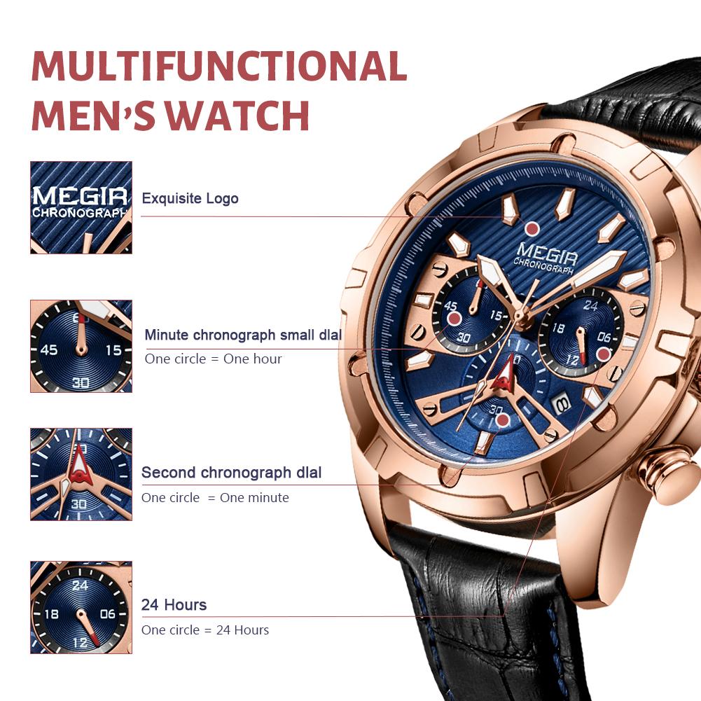 MEGIR Fashion Sport Watches for Men Luxury Military Quartz Wristwatch Leather Waterproof Man Chronograph Clock Relogio 2102