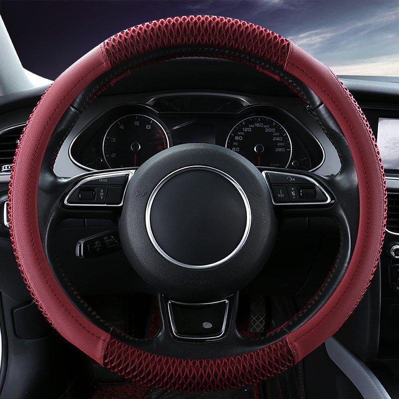 

New Car Steering Wheel Cover, Summer Leather Ice Silk Anti-Slip, Sweat-Absorbent, Breathable Linen, Universal for All Seasons Leather Ice Silk Red