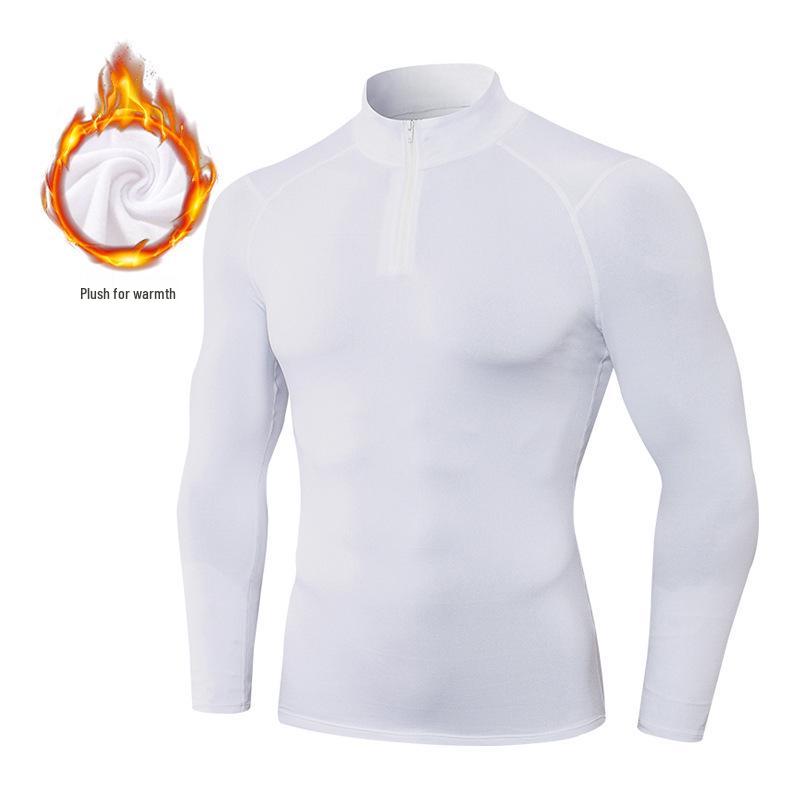 Cross-border Autumn/Winter Men's High-Elastic Half-Zip Velvet Fitness T-Shirt - Solid Color for Outdoor Running and Sports.