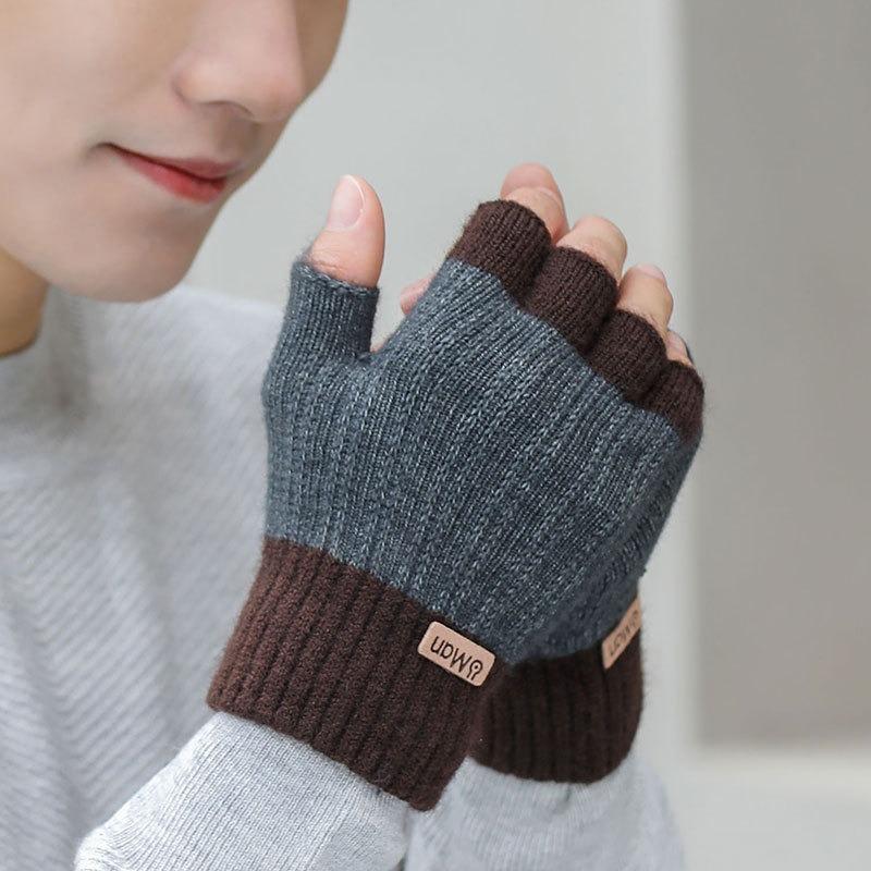 Autumn and Winter Thickened Half-finger Gloves, Men's Cold Protection and Warmth, Students' Knitted Wool, Finger-exposed Cycling, Velvet Writing