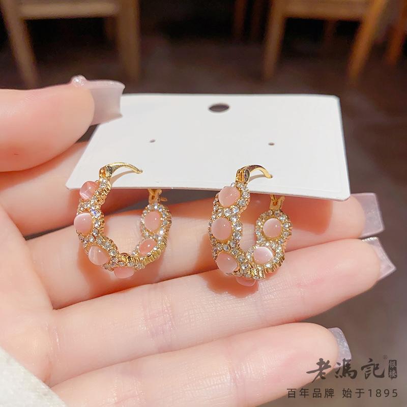 High end light luxury unique temperament retro cat eye stone circle ear buckle niche design exquisite and versatile