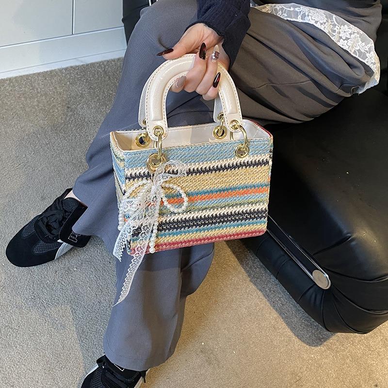 Rainbow Small Bag Portable Princess Diana Bag Women's New Summer Niche Contrasting Color Woven Messenger Bag