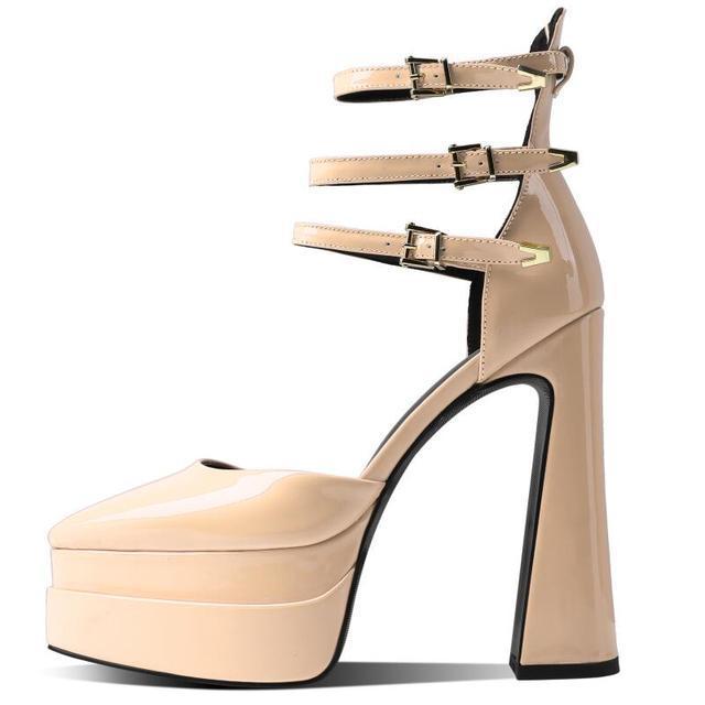 Kožené sandály na platformě s špičatou špičkou a přezkou, společenské, dámské, sexy, na robustním vysokém podpatku, dámské, módní přehlídka, platformové lodičky, velikost 44
