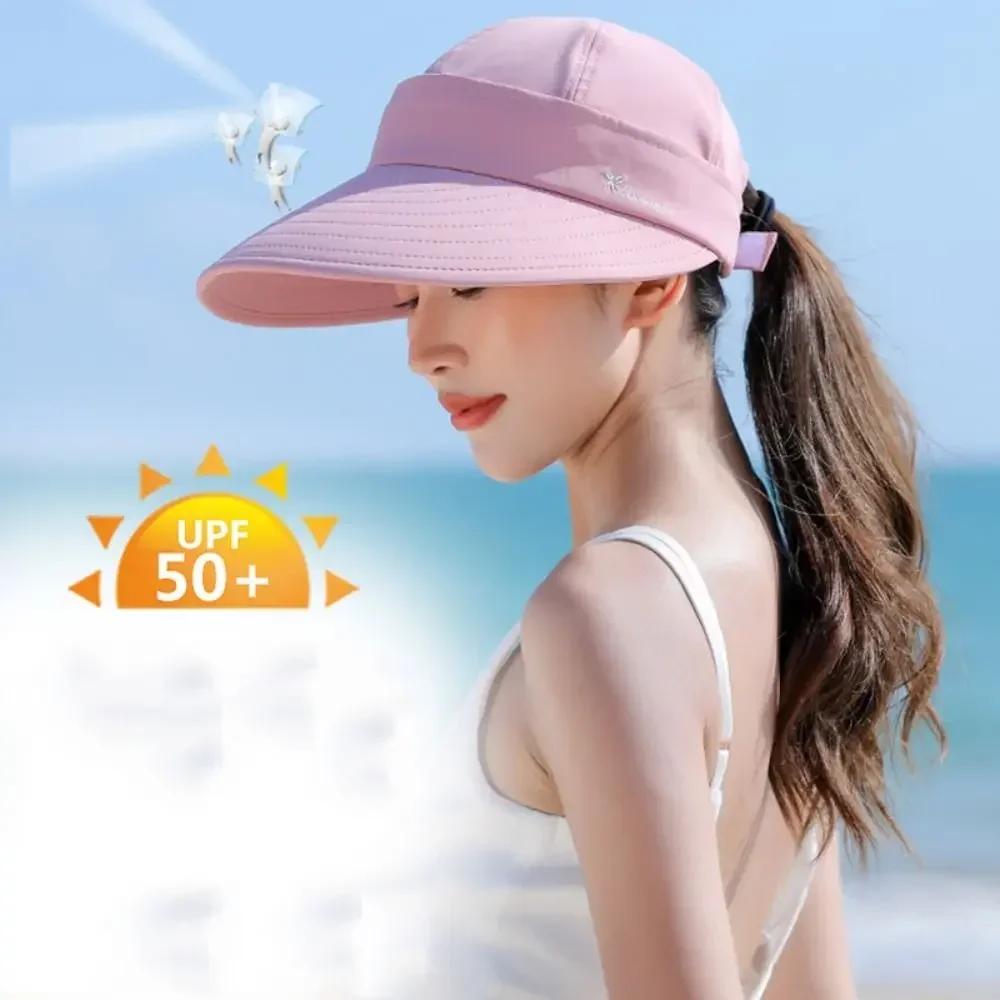 Dual Use Model Women Summer Sun Hat Casual Foldable Wide Brim Detachable Empty Top Ponytail Cap Adjustable UV Protection Sun Hat
