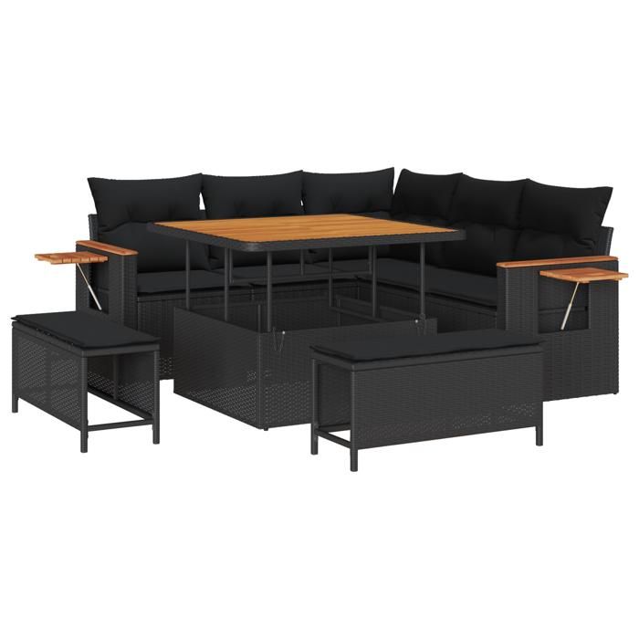 Canapé de jardin 8 pièces vidaXL avec coussins Noir Polyrotin Acacia, Set de salle à manger de jardin 3 pièces vidaXL363164