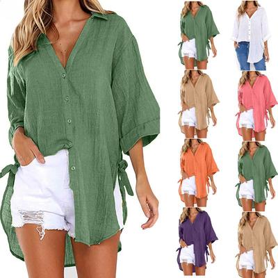 Casual Women Lace-up Button Lapel Shirt White Green Loose Side Knotted Long Sleeve Shirts Soft and Breathable