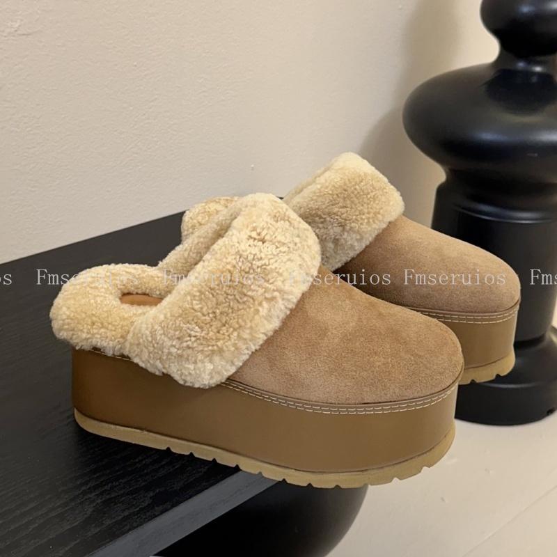 

Fashion Women Platform Slippers Fluffy Cotton Slippers Round Toe Slip on Genuine Leather Warm Comfort High Quality Leisure Shoes 41