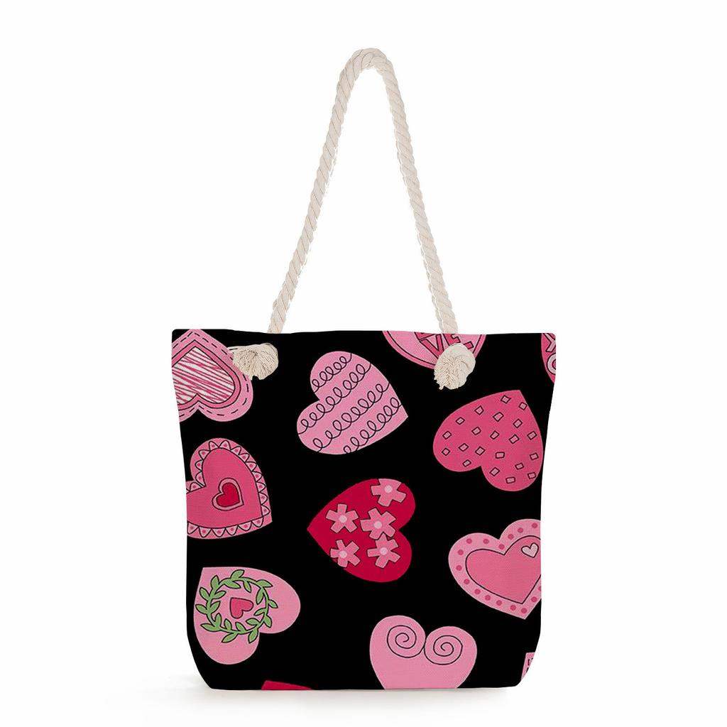 Multifunctional Valentine's Day Printed Thick Rope Shoulder Beach Bag Casual Large Capacity Handbag 0122