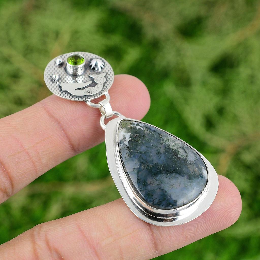 Solar Moss Agate Gemstone Peridot Sterling Silver Mermaid Sister Pendant Jewelry