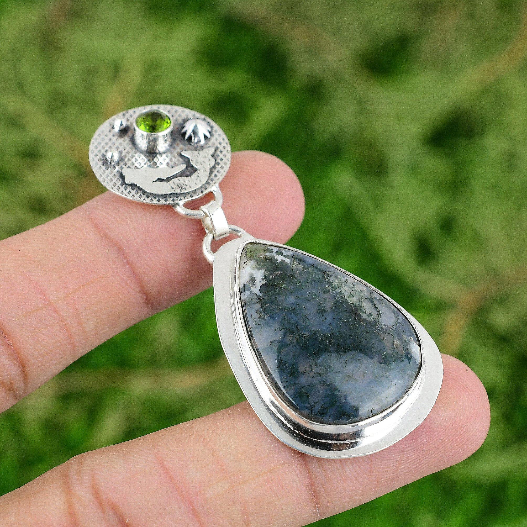 

Solar Moss Agate Gemstone Peridot Sterling Silver Mermaid Sister Pendant Jewelry