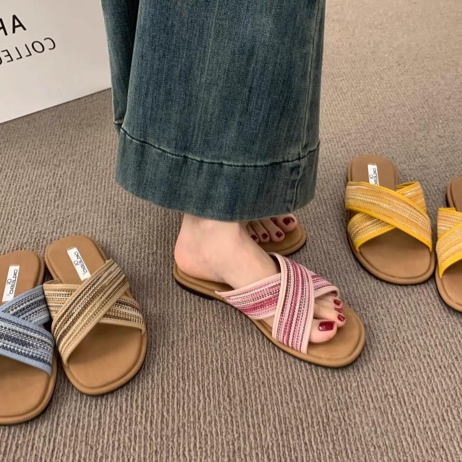 Flat Bottom Retro Woven Open-toed Cool Slippers Women's Summer Wear 2025 New with Skirt Cross-strap Roman Sandals