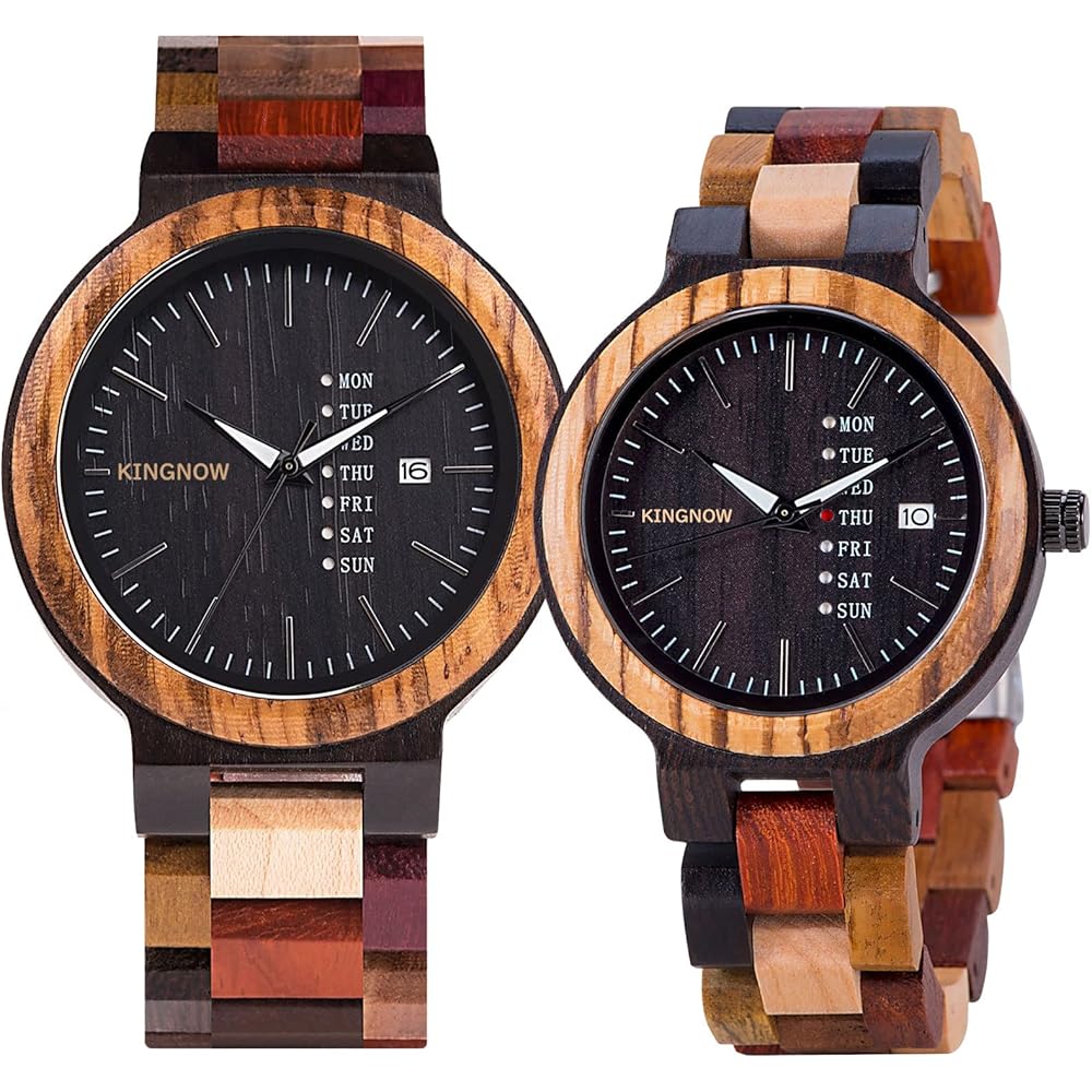 KINGNOW Couple Watch Lightweight Wooden Men s Women s Day-Date Display Japanese Quartz Unique Timepiece