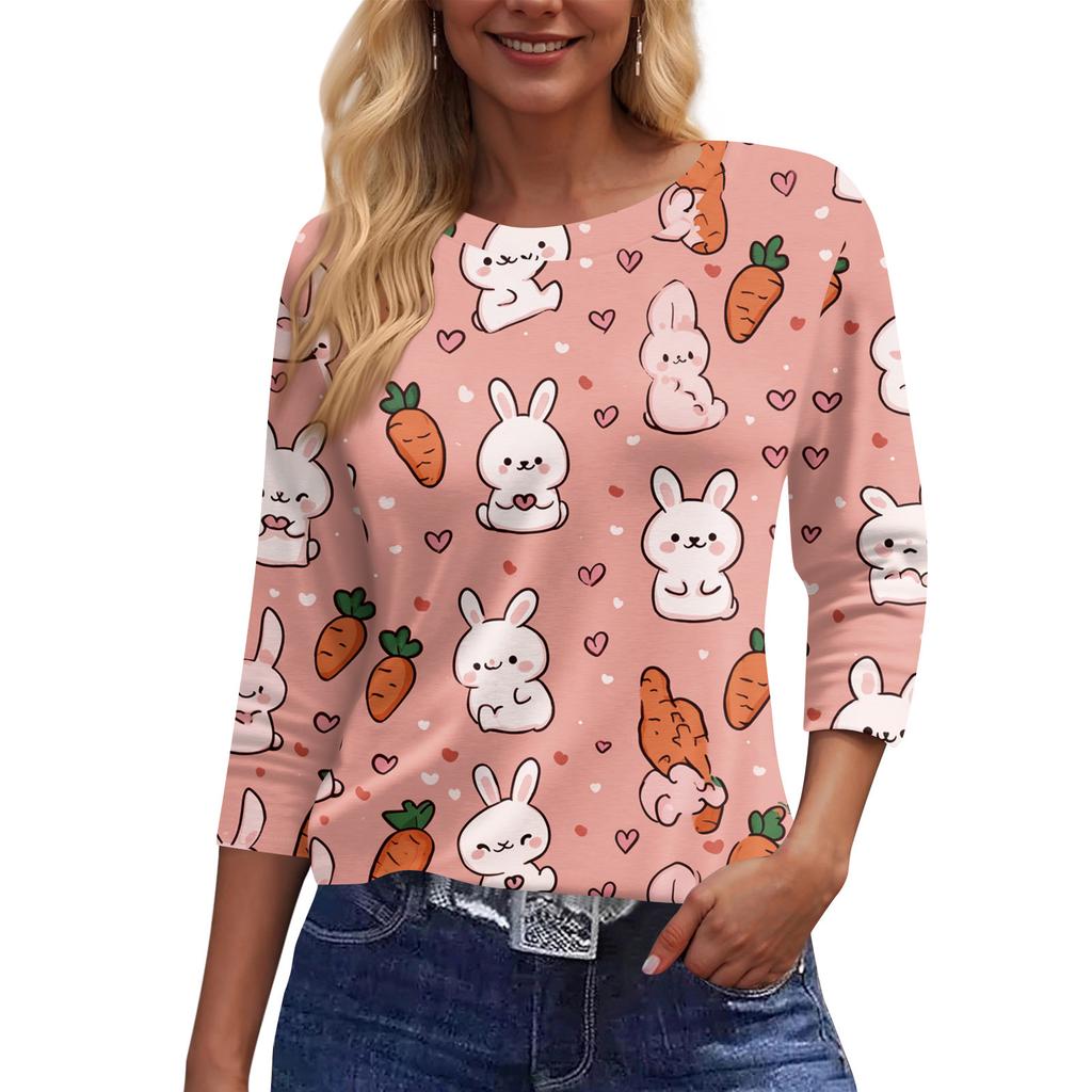 Modny Damski Casualowy Sweter z Krótkim Rękawem i Nadrukiem Wielkanocnym, Okrągły Dekolt