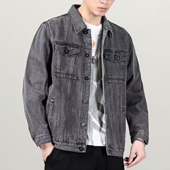 Pánská džínová bunda Klopa Dlouhý rukáv Kapsy s klopou Jednobarevný kabát Zapínání na knoflíky Neformální džínové svrchní oblečení Každodenní nošení