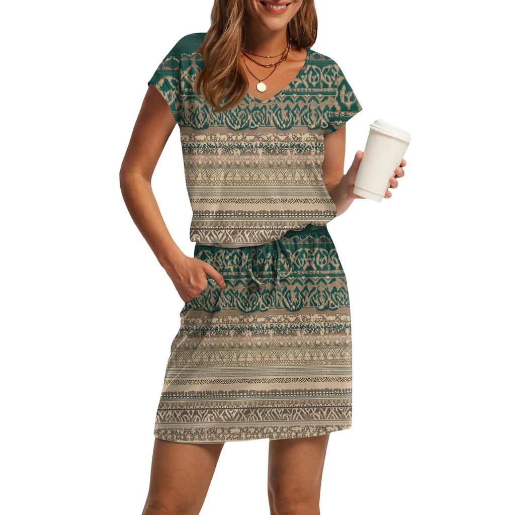 Damenmode V-Ausschnitt Kurzarm Kordelzug mit Tasche Bedruckte Freizeitkleider