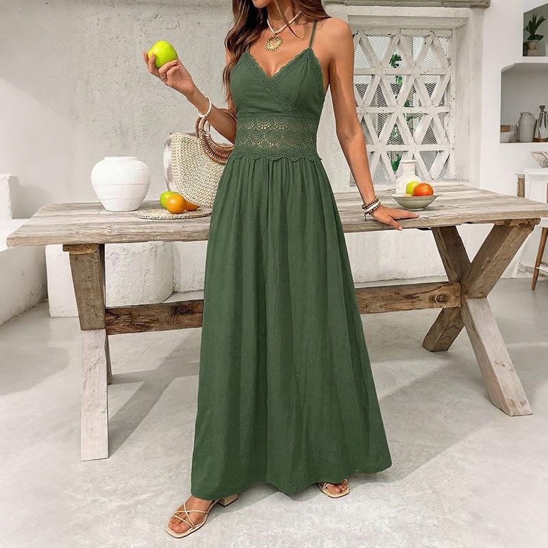Ethnic Vacation Style Solid Color Lace Backless Spaghetti Strap High Waist Maxi Dress For Women S зелёный