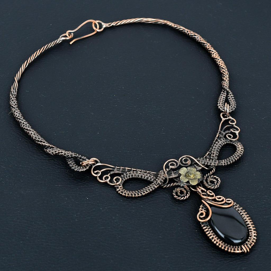 Black Onyx Necklace Handmade Jewelry, 999 Copper Wire Wrapped Necklace Designer Gemstone Jewelry Adjustable Chain Necklace