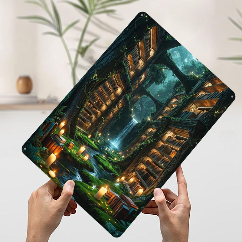 Verzauberter Wald Bibliothek Blechschild Poster Personalisierte Wandkunst Retro Vintage Metallschilder für Man Cave Wohnzimmerdekorationen