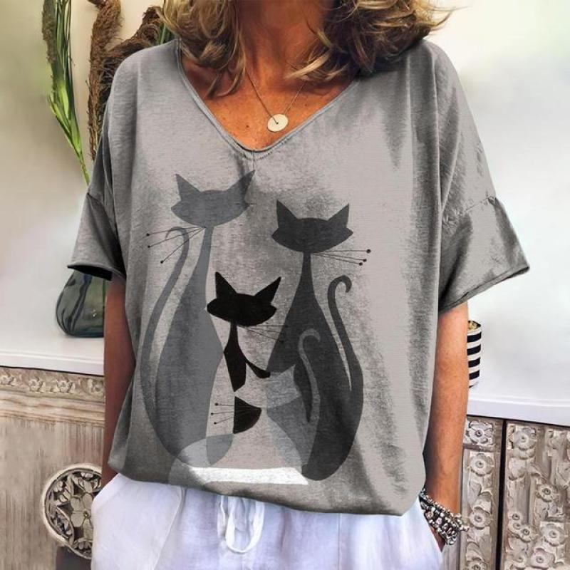 Frauen T-shirt Cartoon Katze Drucken Lose Freizeit Sommer Kurzarm V-ausschnitt Kawaii T-shirts Mit Katze Lustige Weiblichkeit Kleidung