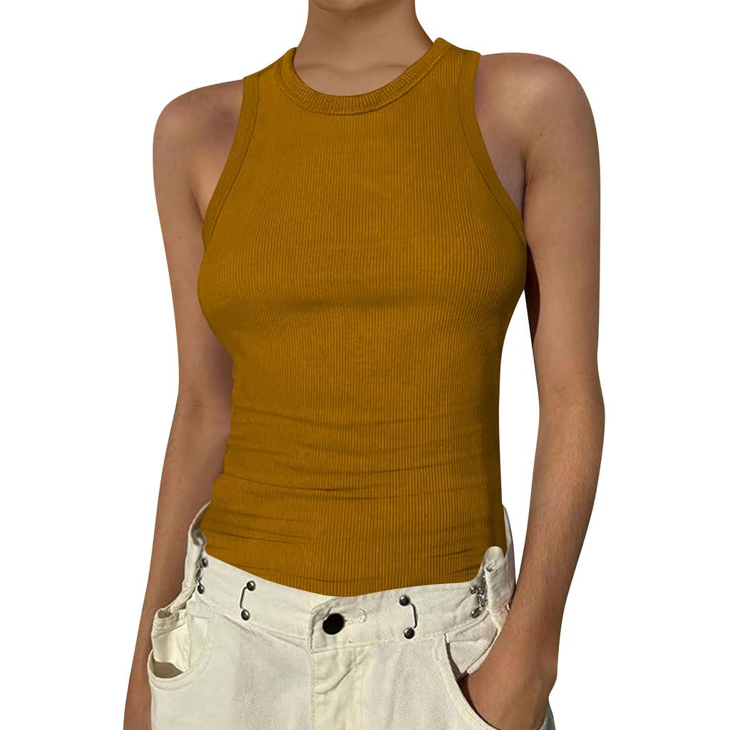 Women's Summer Fashion Casual Color Round Neck Sleeveless Top Tight Tank Top