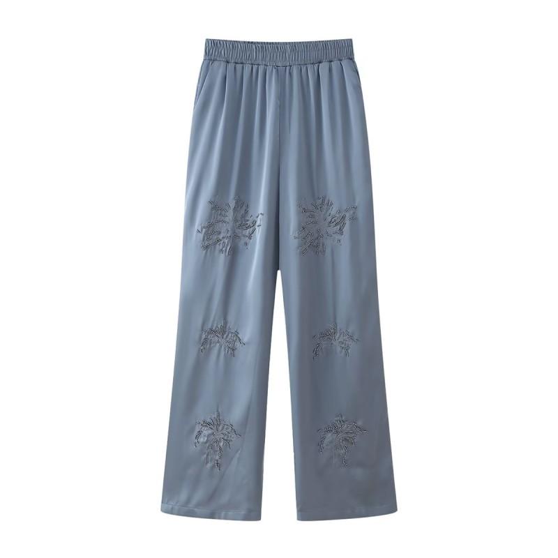 2026 Womens Wide Leg Pants Beaded Embroidered Casual Trousers