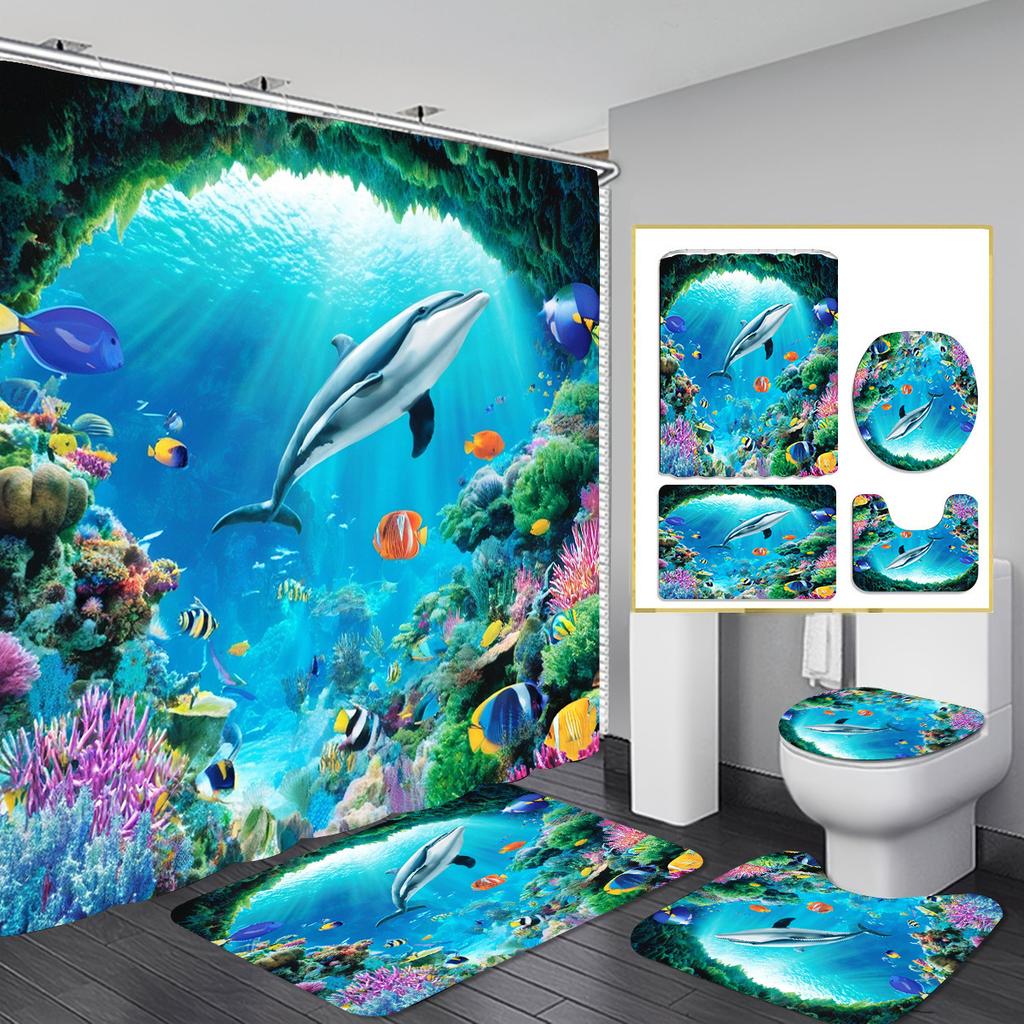 Christmas Shower Curtain Four-Piece Non-Punching Partition Curtain Digital Printing Bathroom Dress