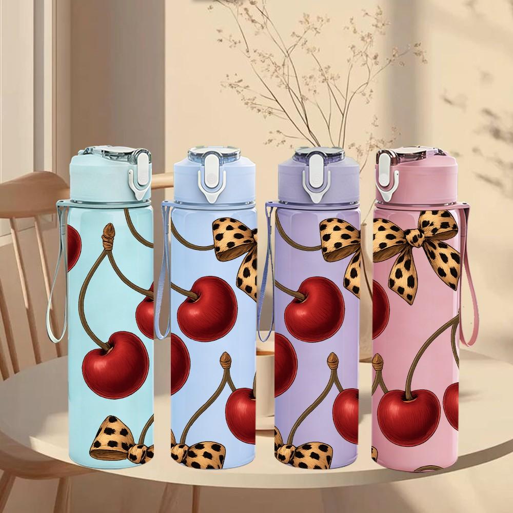 1PC Red Cherry Leopard Bow Layout 750ml Color Plastic Sports Water Bottle Leakproof Flip Straw Lid For Sports Office Home Use