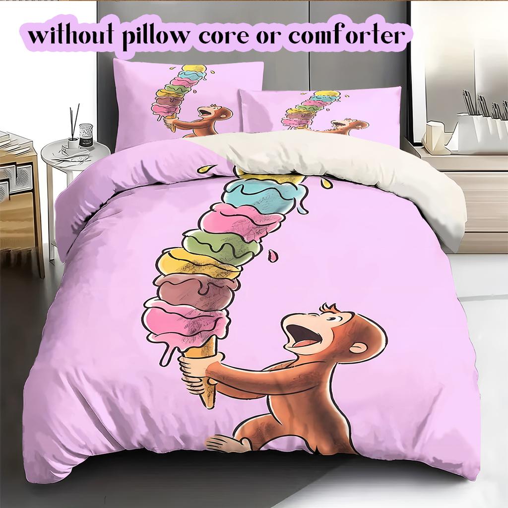 Curious GeorgePattern Bedding Quilt Set Quilt Cover Pillowcase Home Decoration Birthday Gift (1 * duvet cover + 2 * pillowcase, without core)