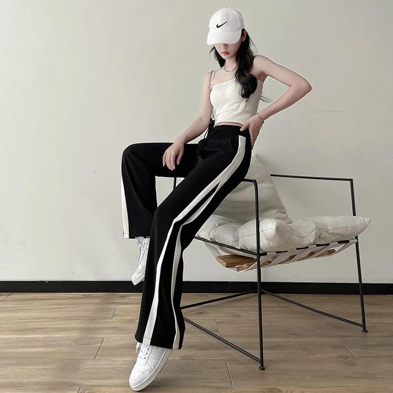 

Женские брюки из ледяного шелка черного цвета с широкими штанинами, повседневные спортивные брюки с высокой посадкой, издание лето 2025 2XL