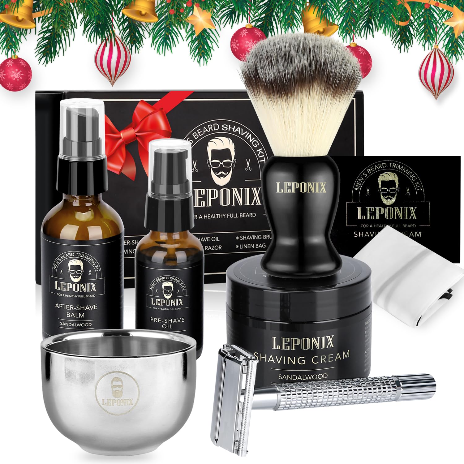 Shaving Kit for Men, Include Safety Razor, Sandalwood Cream, Aftershave, Pre Shave Oil, Shaving Brush and Bowl, Shaving Apron Bib -Unique Gifts for