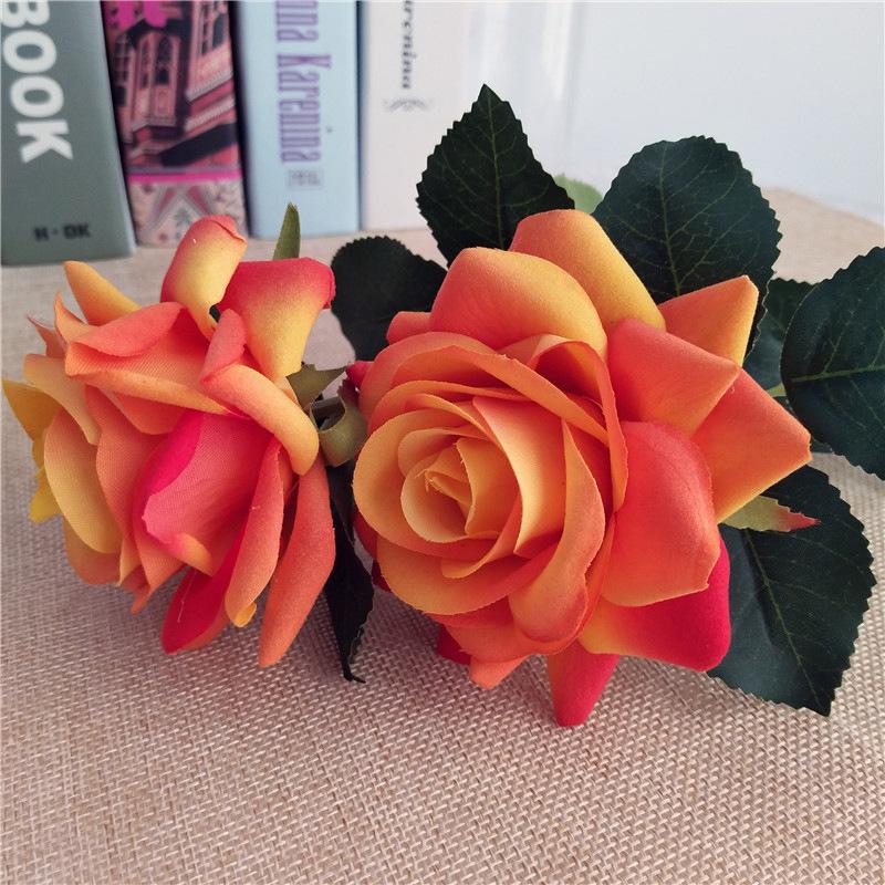 

Искусственные розы премиум-класса, ветки роз из фланели с двумя головками, искусственные цветы, украшение дома, свадебная фотосъемка, розы для держания оранжевый