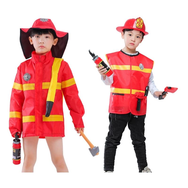 Kid Firefighter Dress Up Outfits Boys Firefighter Costumes Firefighter Dress Up Vest with Firefighter Hat for Halloween