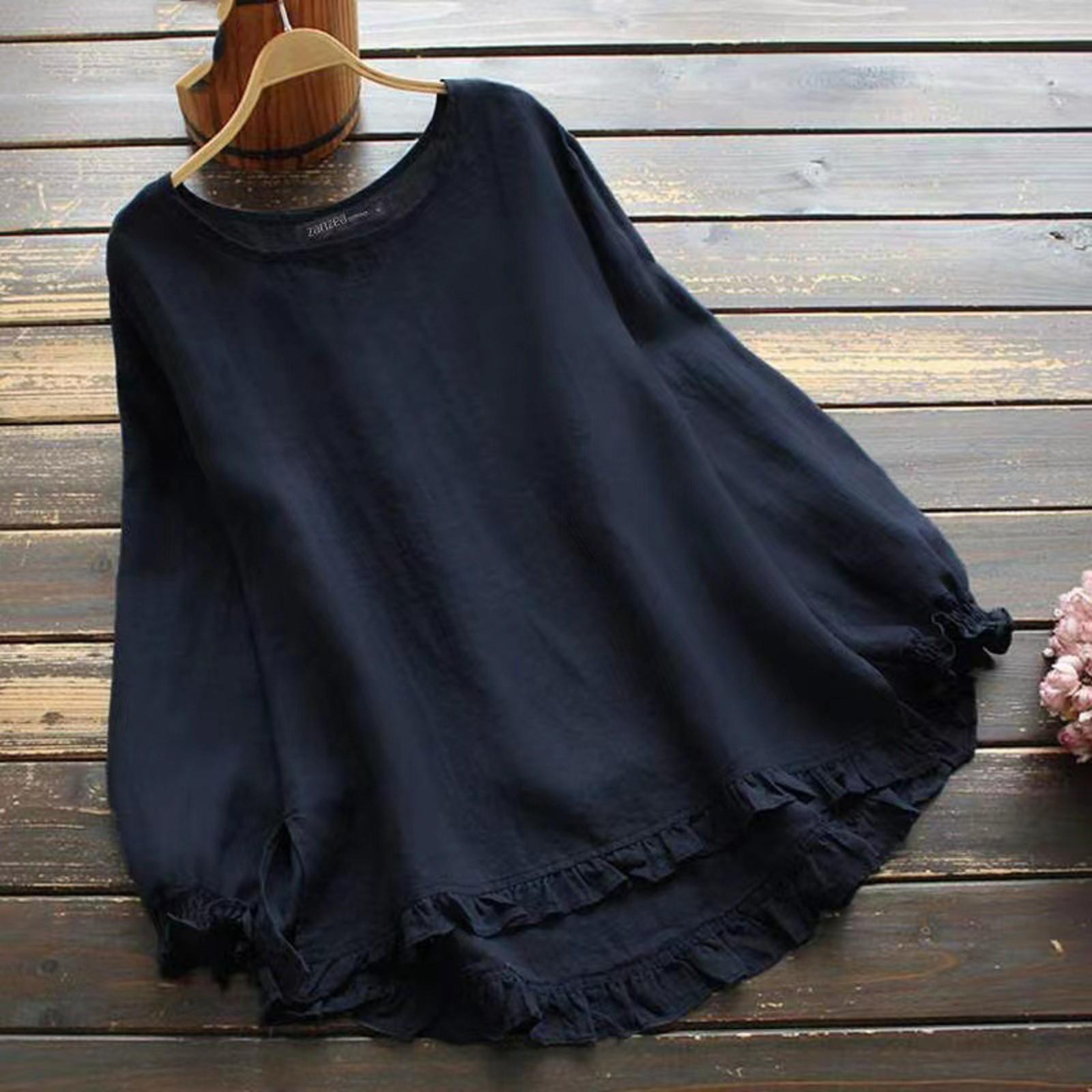 Женская хлопково-льняная однотонная свободная рубашка с круглым вырезом и длинными — фото 7