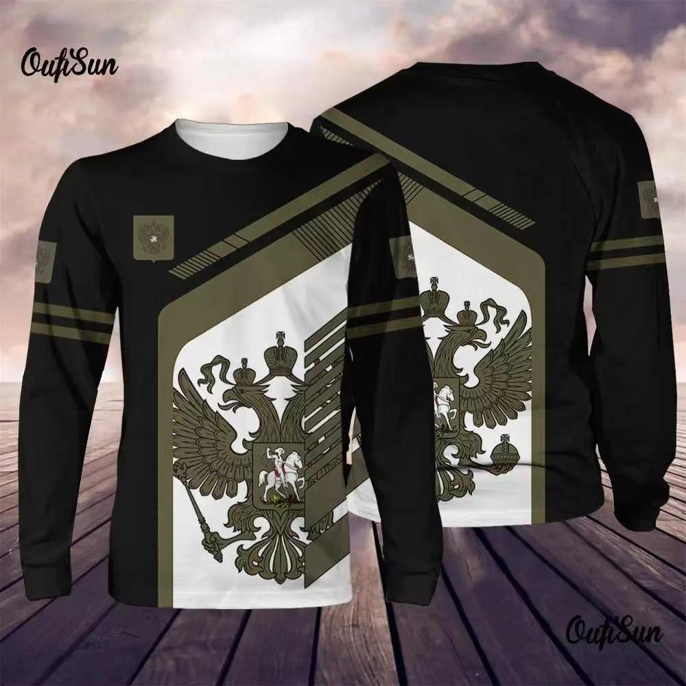 Round Neck 3D Russian Printed Top Casual Long Sleeved Men's T-shirts - Soft Medium Stretch Polyester Fabric Spring and Autumn Relaxed Fit Clothing