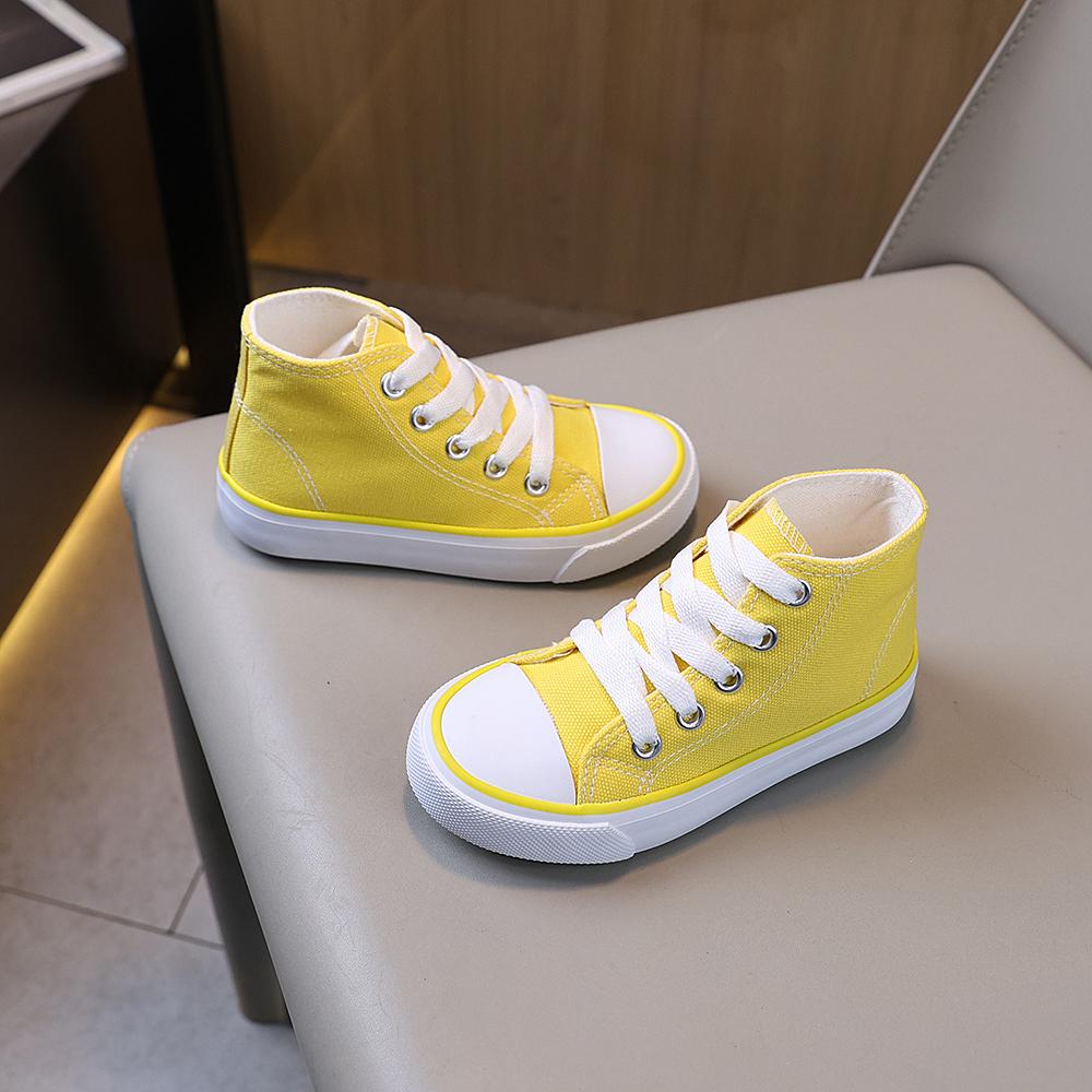 COMFY KIDS Bright Yellow Vibrant Mid Top Canvas Shoes Breathable Fabric Lace-Up All-Season Wear Outdoor Casual School Shoes